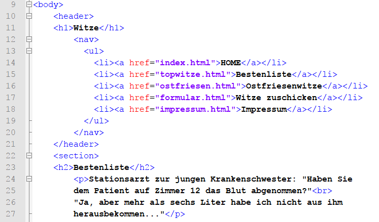 Beispiel für die Verwendung von Listen und Links in einer typischen Navigation mit relativen Links